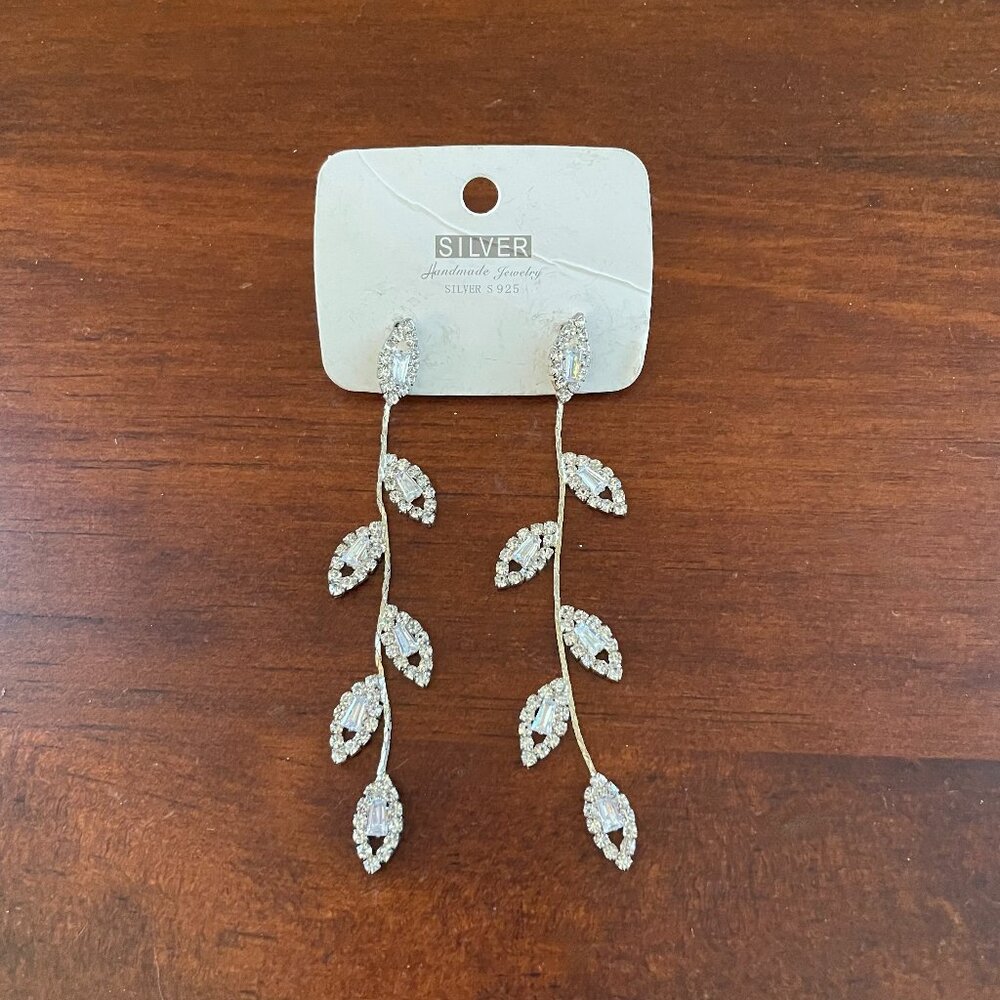 Silver Long Leaf Drop Earrings — Dangle, Sparkle Statement Earrings